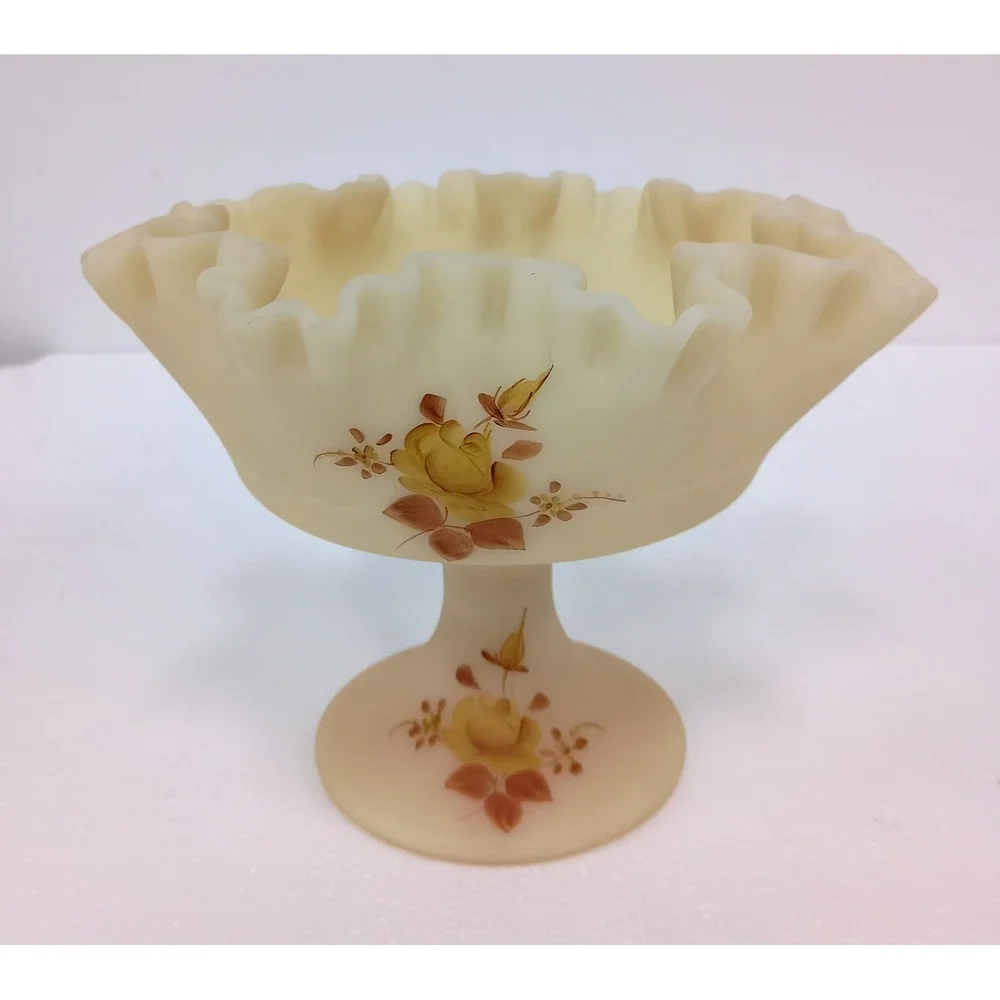 VTG Fenton Pedestal Compote Bowl Yellow Burmese Glass Hand Painted Roses